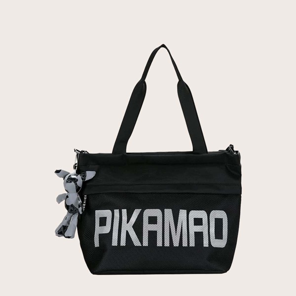 

Men Letter Graphic Tote Bag With Bag Charm, Black