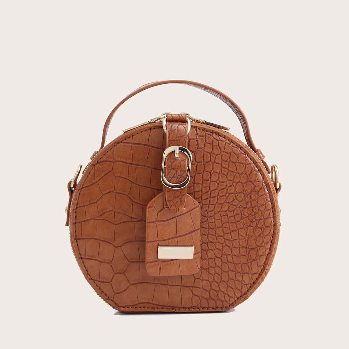 

Round Croc Embossed Satchel Bag, Brown