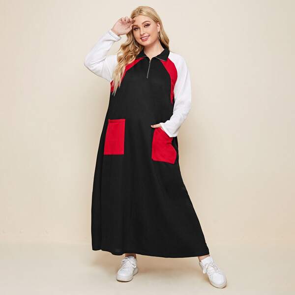 

Plus Colorblock Dual Pockets Zip Decoration Maxi Dress, Black