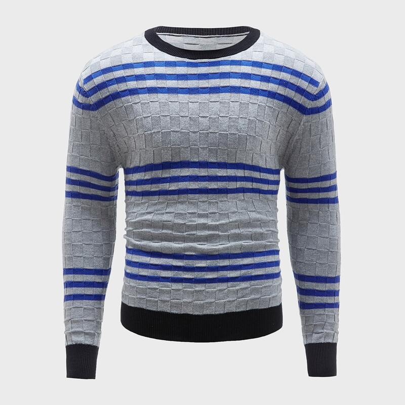 

Guys Striped Contrast Binding Sweater, Light grey