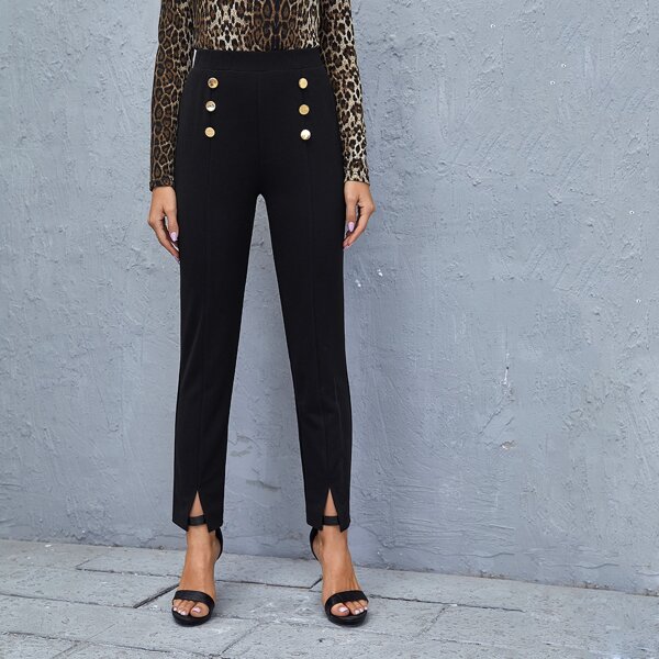 

Double Button V-cut Hem Tailored Pants, Black