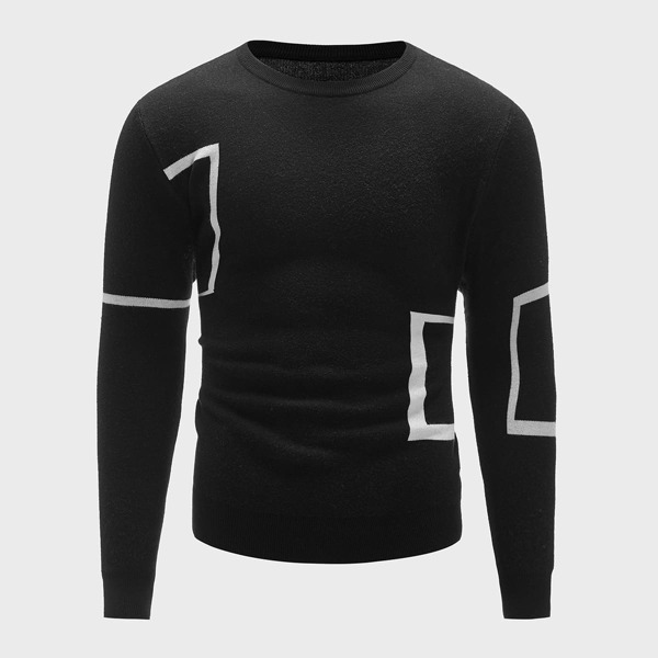 

Men Geo Pattern Crew Neck Sweater, Black