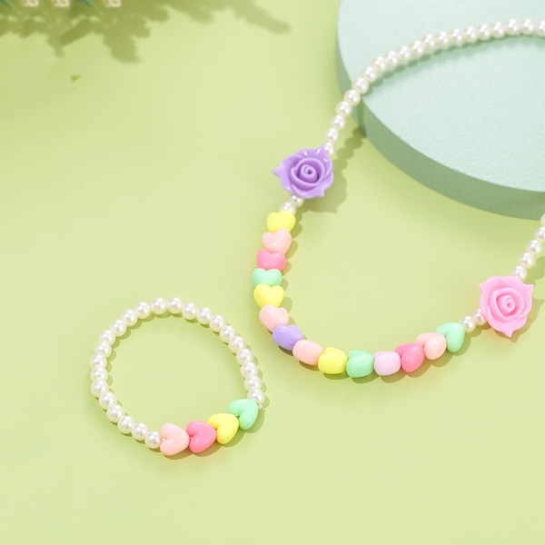 

1pc Girls Heart Detail Beaded Necklace & 1pc Beaded Bracelet, Multicolor