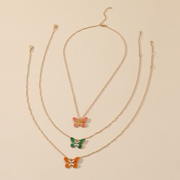 

3pcs Butterfly Pendant Necklace, Multicolor