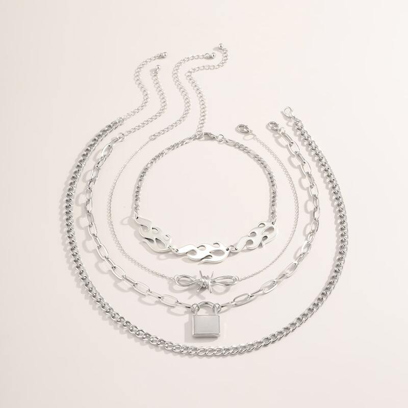 

4pcs Lock & Flame Chunky Chain Necklace, Silver