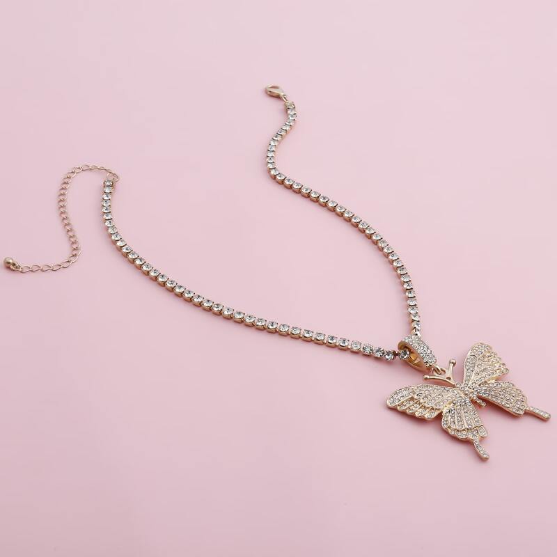 

Rhinestone Butterfly Pendant Necklace, Gold