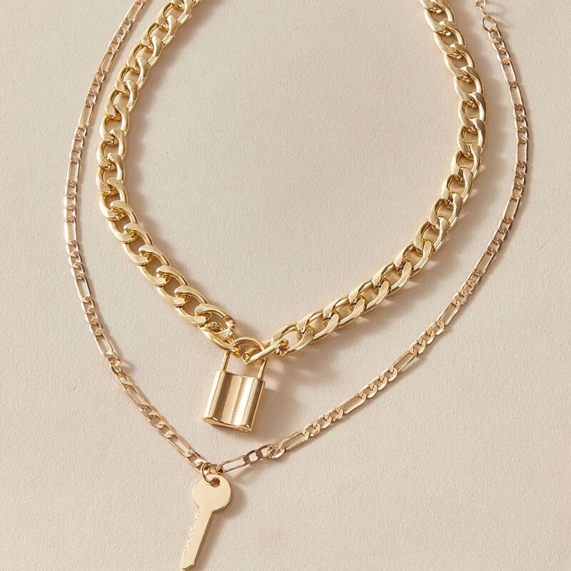 

2pcs Lock & Key Chain Necklace, Gold