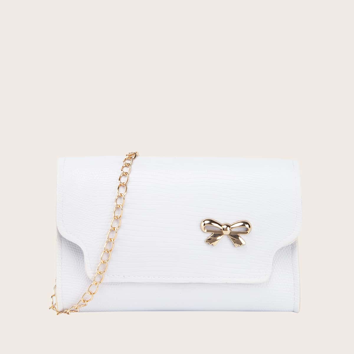 

Bow Decor Lizard Print Chain Crossbody Bag, White