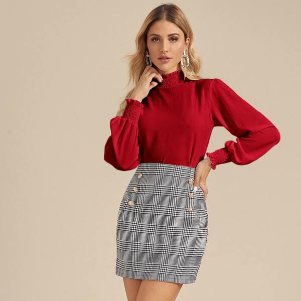 

Solid Shirred Frill Trim Blouse, Burgundy