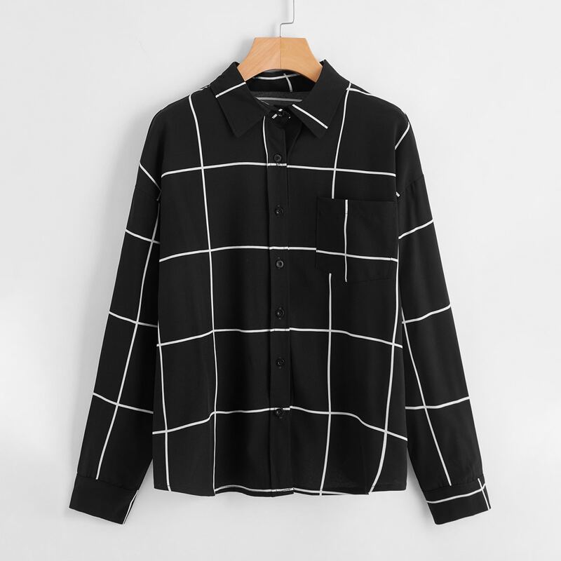 

Button Front Plaid Blouse, Black