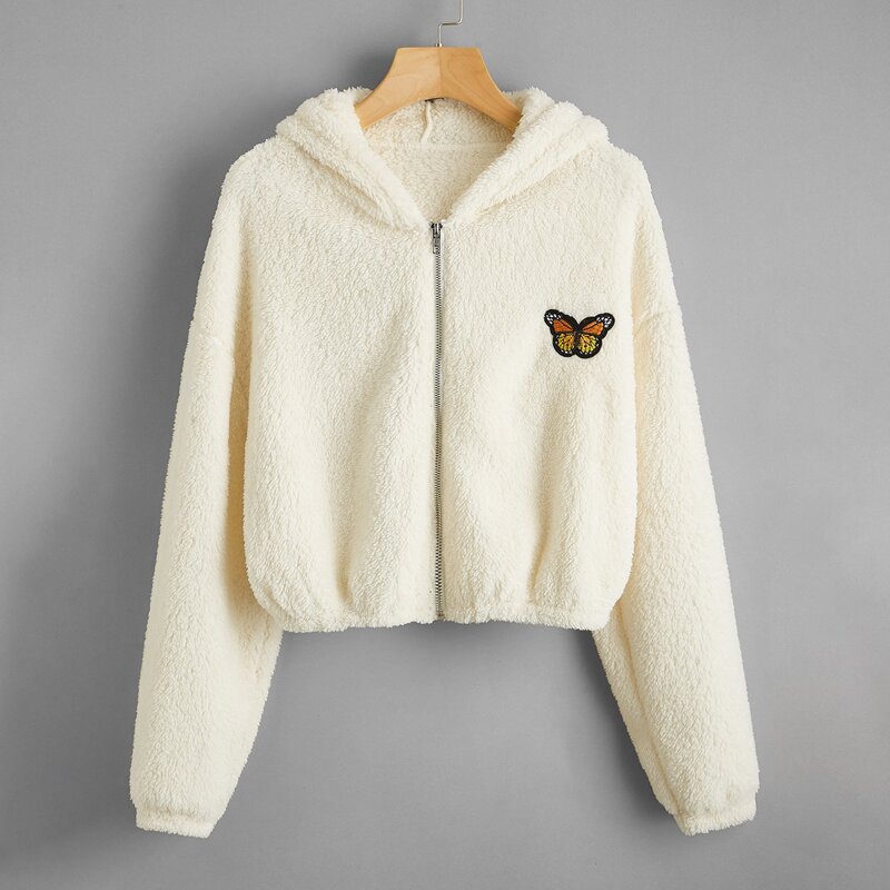 

Butterfly Embroidery Zip Up Teddy Jacket, Beige