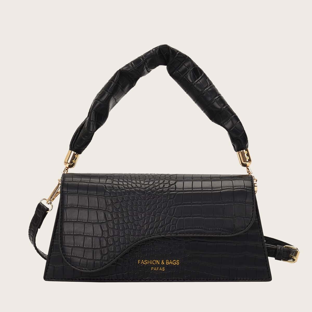 

Croc Embossed Flap Satchel Bag, Black