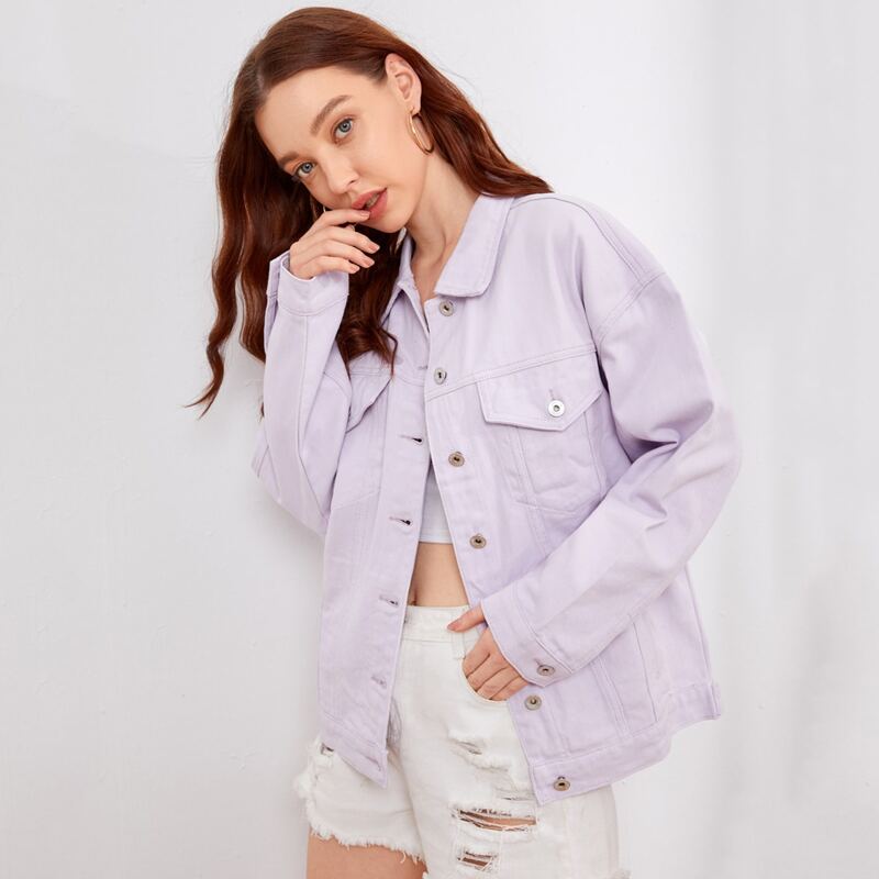 

Drop Shoulder Flap Pocket Oversized Denim Jacket, Lilac purple