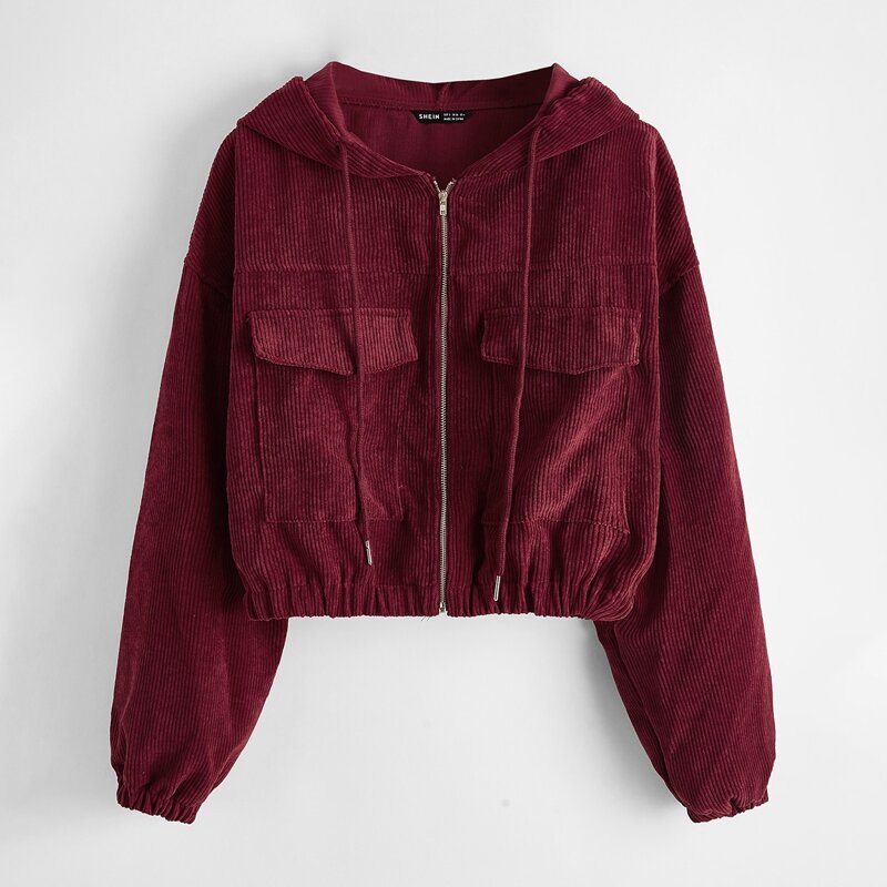 

Zip Up Flap Pocket Cord Hooded Jacket, Maroon