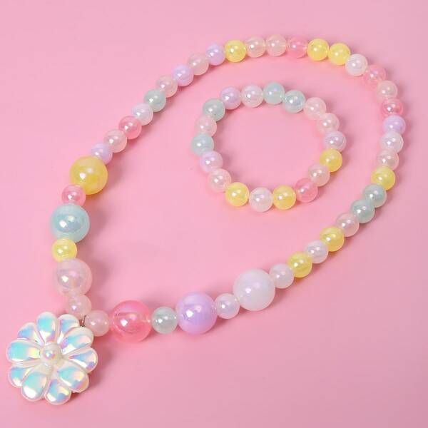 

2pcs Toddler Girls Flower Decor Beaded Jewelry Set, Multicolor
