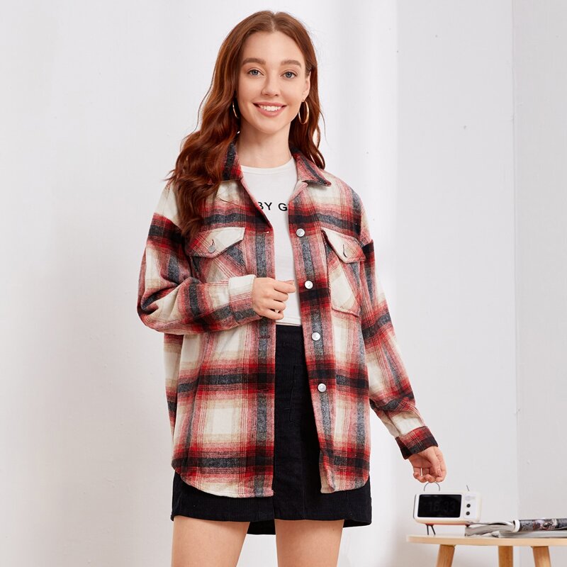 

Collared Single Breasted Pocket Front Plaid Coat, Multicolor