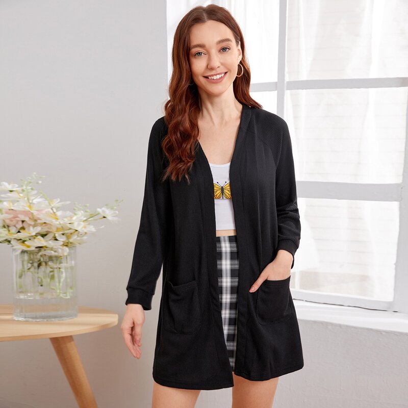 

Open Front Longline Waffle Cardigan, Black