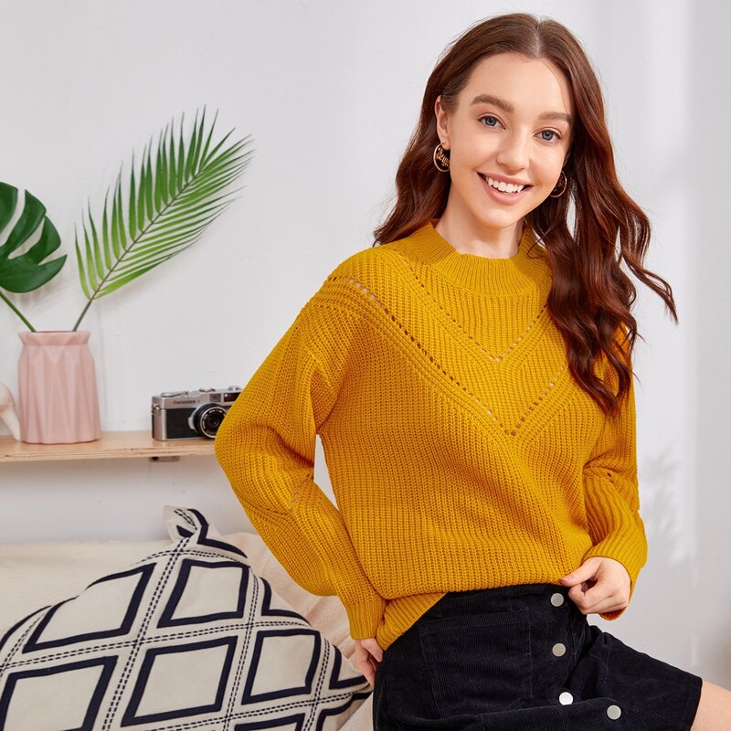 

Solid Pointelle Knit Sweater, Mustard yellow