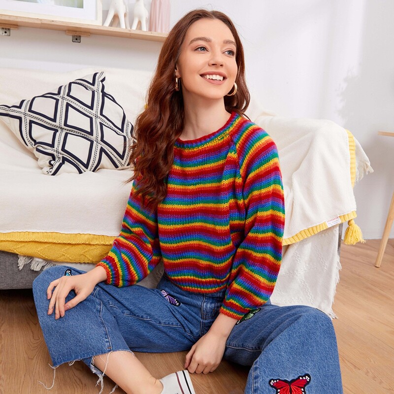 

Rainbow Stripe Raglan Sleeve Sweater, Multicolor