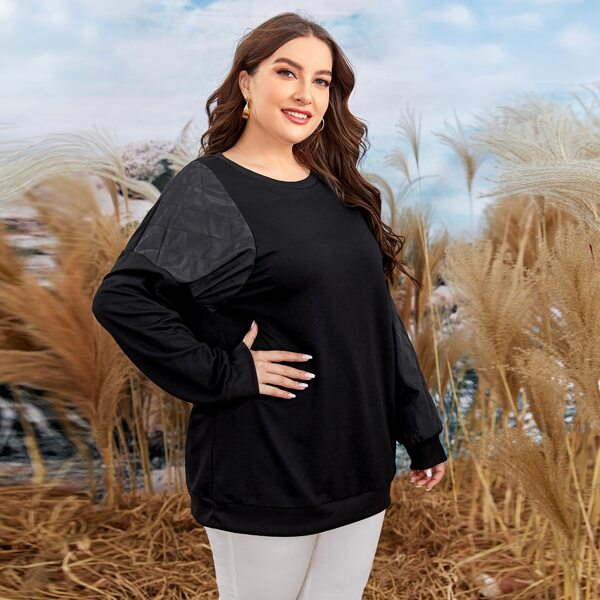 

Plus Contrast Sleeve Solid Sweatshirt, Black