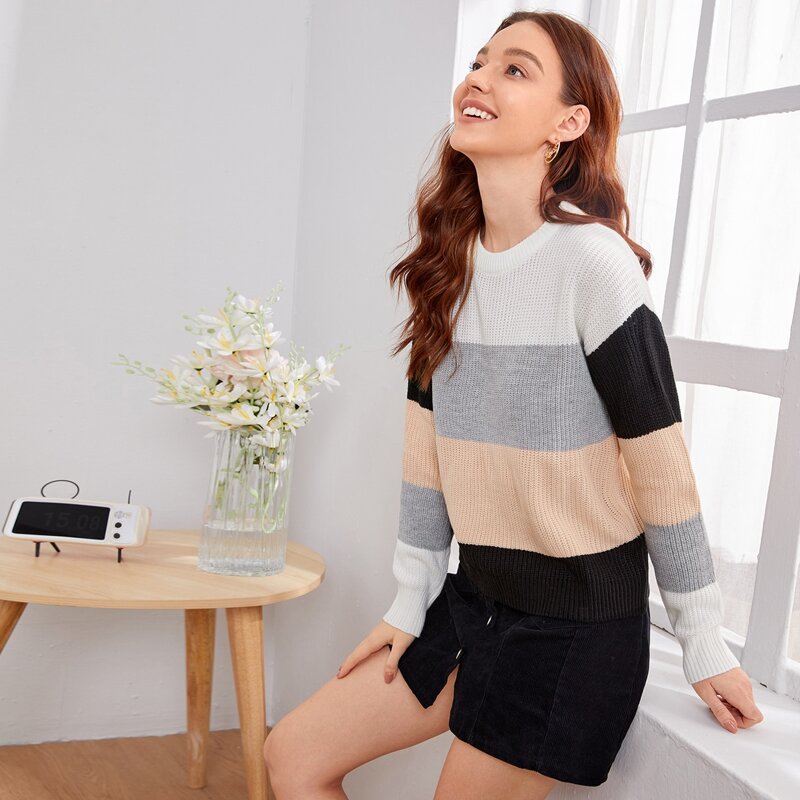 

Colorblock Rib-Knit Round Neck Sweater, Multicolor