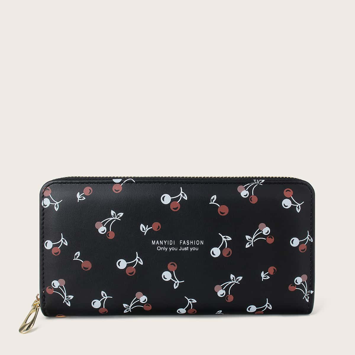 

Cherry Graphic Zipper Around Purse, Black