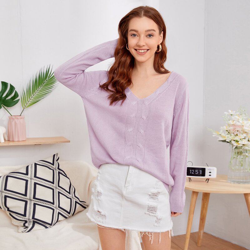 

Cable Knit V Neck Sweater, Baby pink