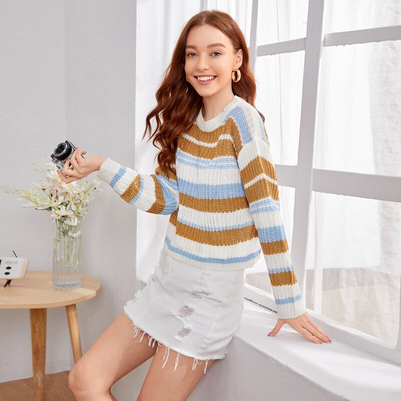 

Drop Shoulder Striped Sweater, Multicolor