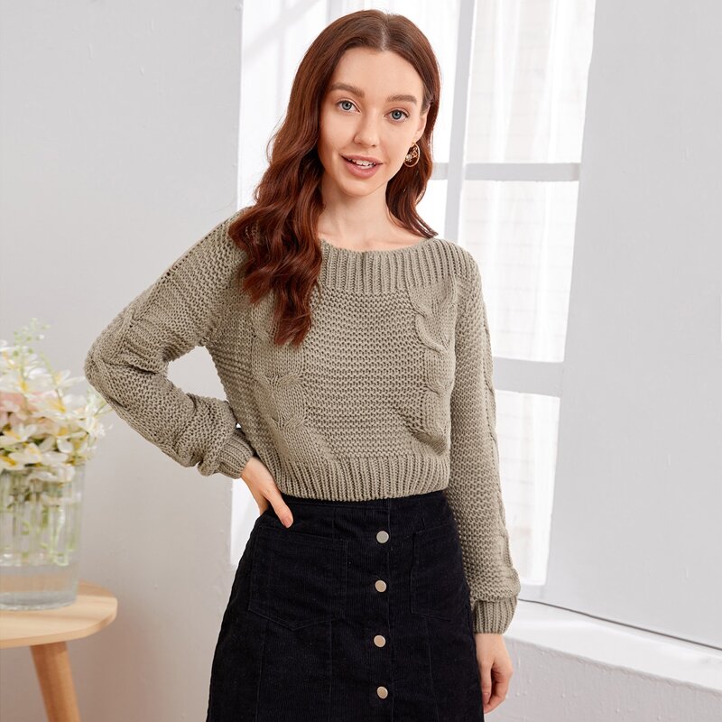 

Boat Neck Cable Knit Crop Sweater, Khaki