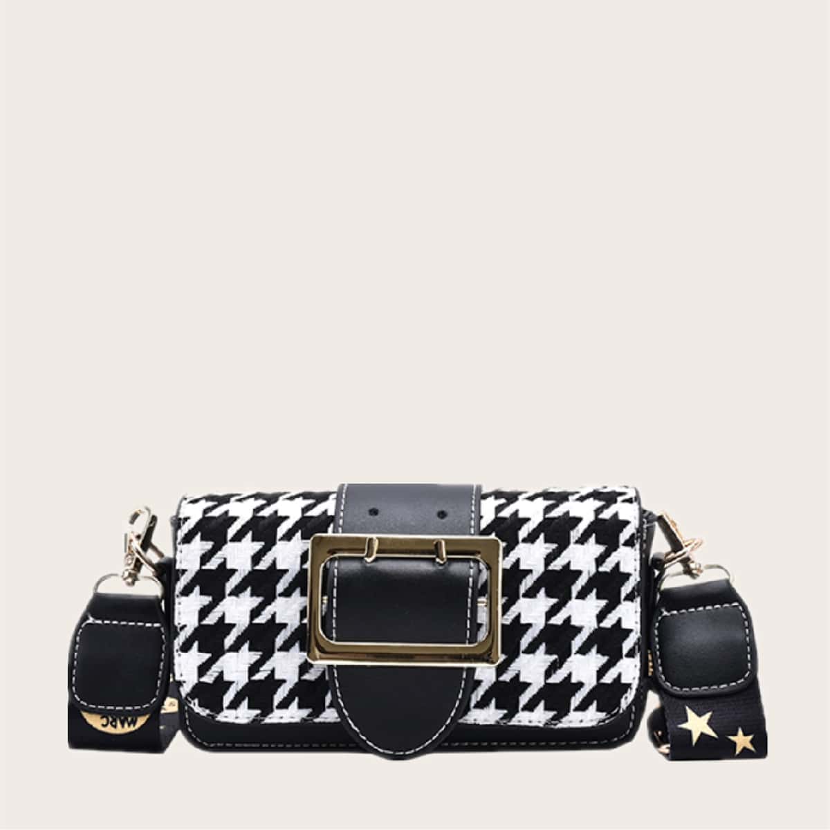 

Buckle Decor Houndstooth Crossbody Bag, Black and white