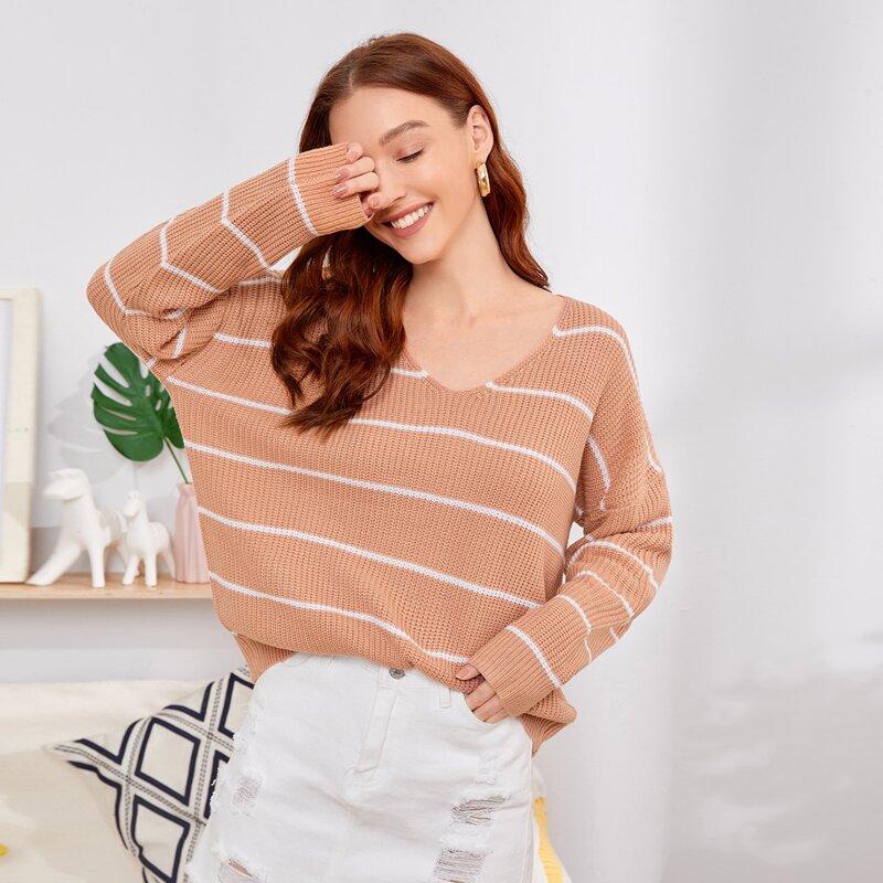 

Drop Shoulder Striped Sweater, Dusty pink