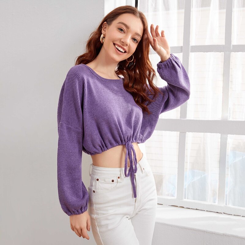 

Drawstring Knot Drop Shoulder Rib-knit Crop Sweater, Lilac purple