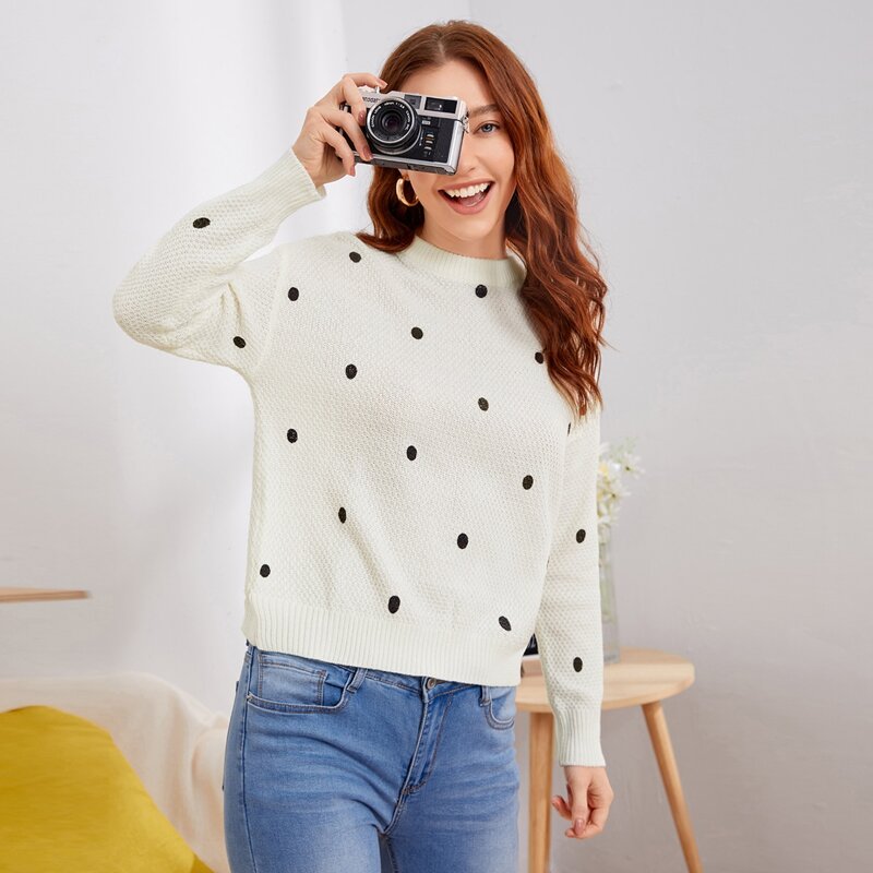 

Polka Dot Drop Shoulder Sweater, White