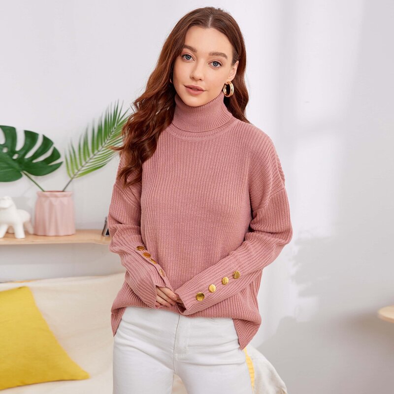 

Rolled Neck Button Detail Sweater, Dusty pink
