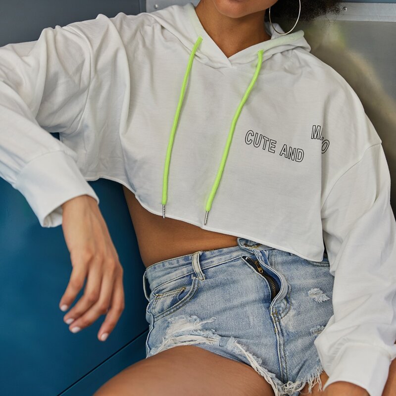 

Drop Shoulder Slogan Graphic Drawstring Hoodie, White