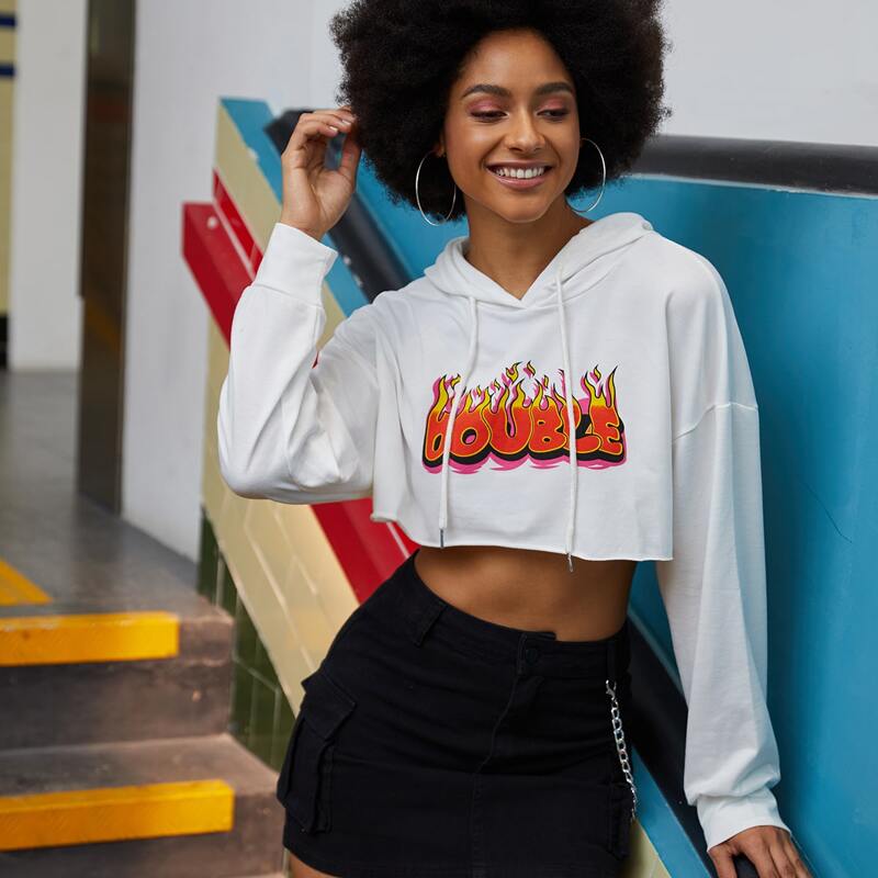 

Drop Shoulder Letter Graphic Drawstring Hoodie, White