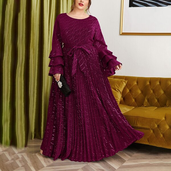 

Plus Layered Sleeve Belted Glitter Pleated Dress, Purple