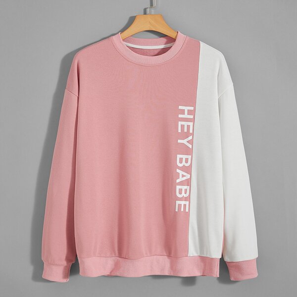

Men Letter Print Colorblock Sweatshirt, Dusty pink