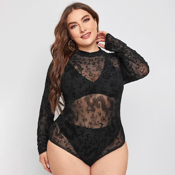 

Plus Mock-Neck Floral and Chinese Dragon Mesh Bodysuit Without Lingerie, Black