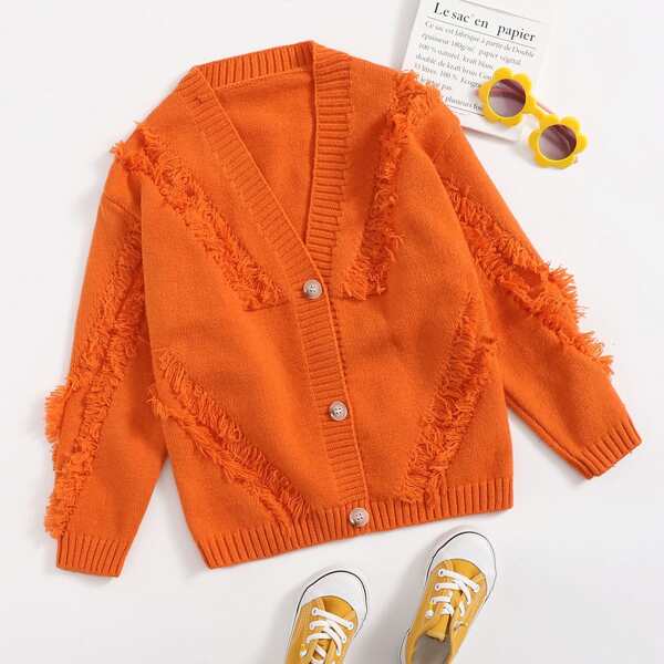

Girls Raw Trim Button Up Cardigan, Orange bright