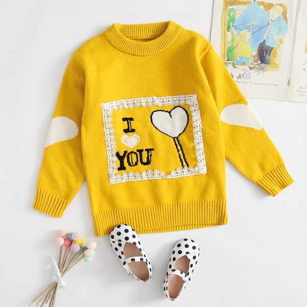 

Girls Lace Panel Heart Pattern Sweater, Yellow