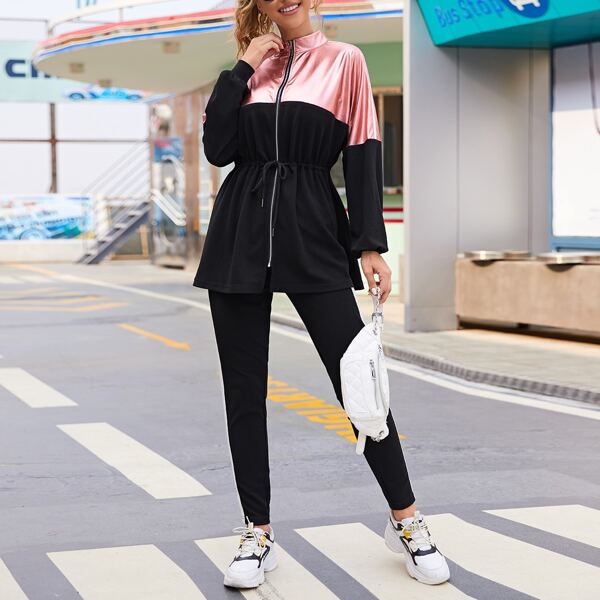 

Zip Up Metallic Panel Drawstring Waist Jacket & Side Striped Leggings Set, Black