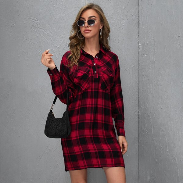 

Flap Pocket Front Drop Shoulder Plaid Shirt Dress, Multicolor