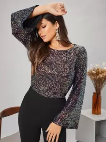 Modelyn Bell Sleeve Solid Back Sequin Top - Multicolor - View 1