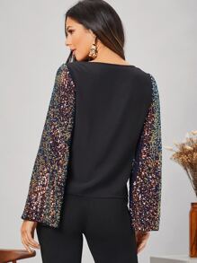 Modelyn Bell Sleeve Solid Back Sequin Top - Multicolor - View 2