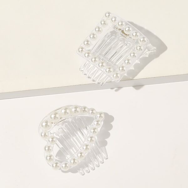 

2pcs Faux Pearl Decor Hair Comb, Multicolor