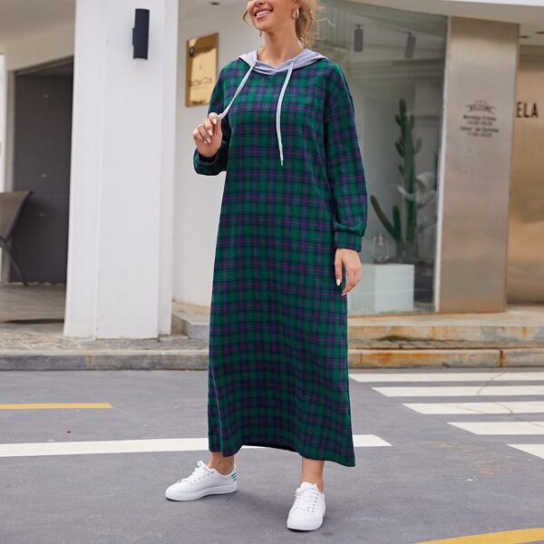 

Drawstring Detail Tartan Hooded Dress, Multicolor