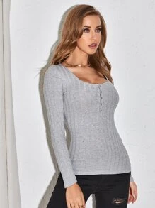 SHEIN Essnce Press Button Half Placket Rib-knit Tee - Light Grey - View 5