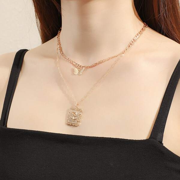 

1pc Textured Metal & Butterfly Pendant Layered Necklace, Gold