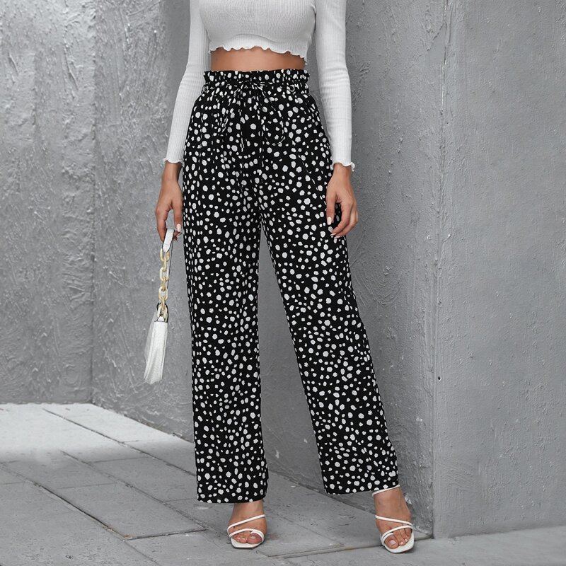 

Dalmatian Print Drawstring Paperbag Waist Pants, Black and white